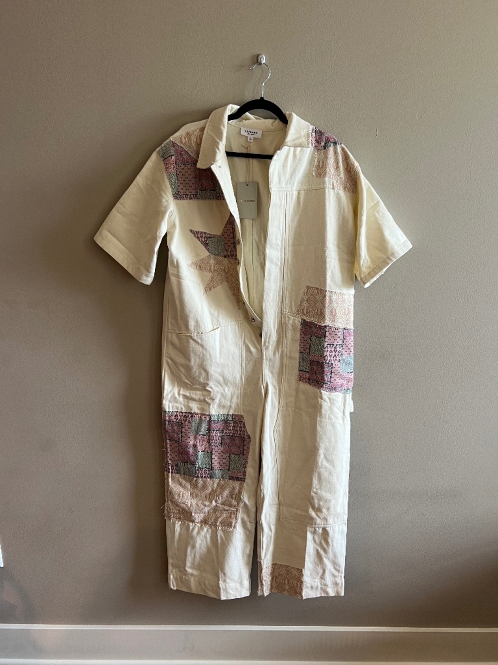 Maddy J Boutique Cream Jumpsuit/Overalls with Quilt style Patchwork - Picture 4 of 12